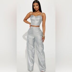 Fashion Nova Silver Crop Top & Cargo Pants Set